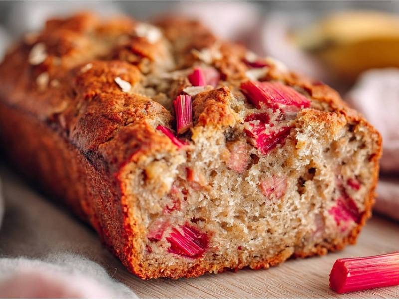 Rhabarber-Bananenbrot angeschnitten auf einem Tisch