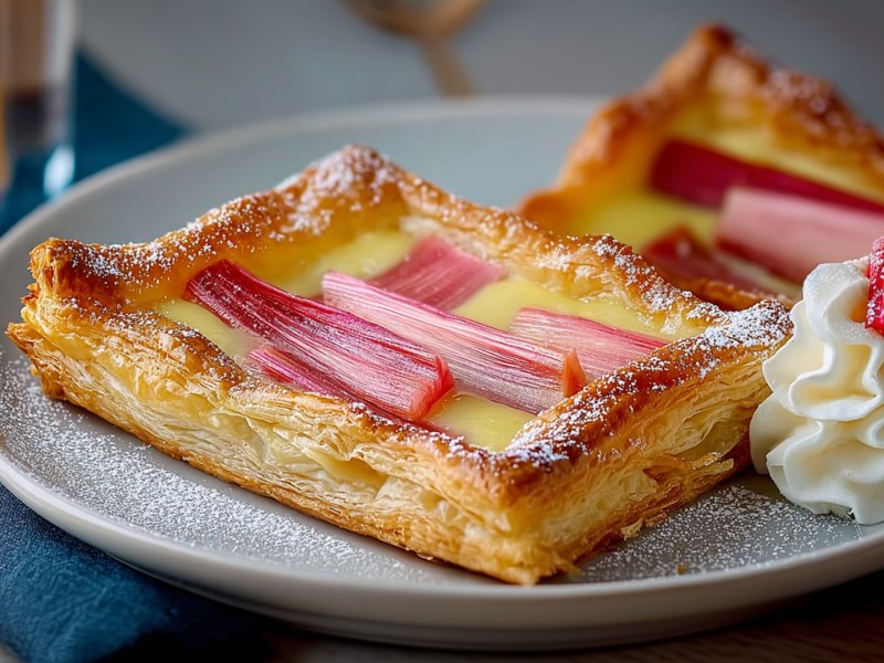 Ein Teller mit zwei Rhabarber-Blätterteig-Tartelettes aus dem Airfryer, die mit etwas Puderzucker bestäubt sind und mit einem kleinen Klecks Sahne serviert werden.