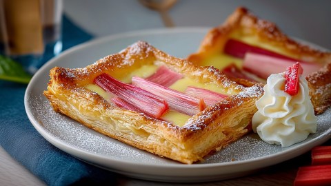 Ein Teller mit zwei Rhabarber-Blätterteig-Tartelettes aus dem Airfryer, die mit etwas Puderzucker bestäubt sind und mit einem kleinen Klecks Sahne serviert werden.