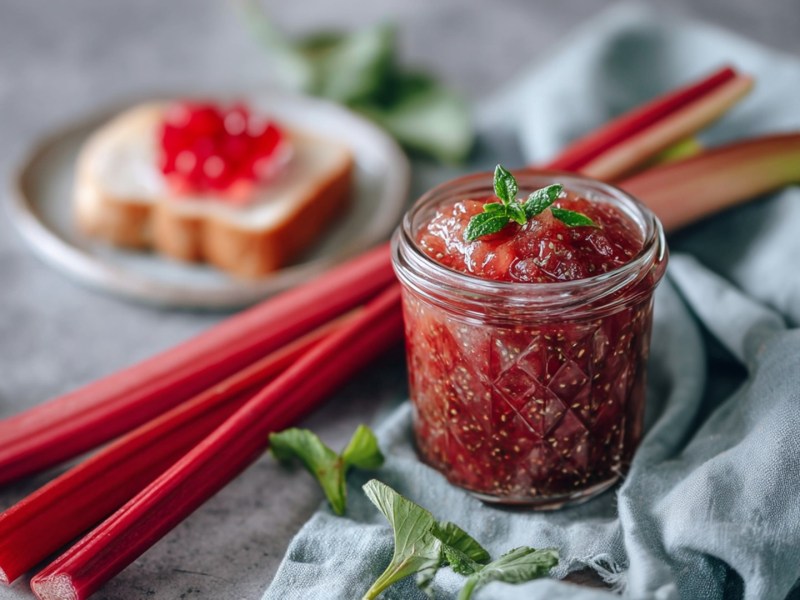Ein Glas mit Rhabarber-Chia-Marmelade, die mit etwas frischer Minze dekoriert ist. Neben dem Glas liegen Rhabarberstangen. Im Hintergrund steht ein kleiner Teller mit einer Scheibe Toast mit Butter und Rhabarber-Chia-Marmelade drauf.