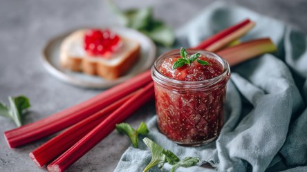 Ein Glas mit Rhabarber-Chia-Marmelade, die mit etwas frischer Minze dekoriert ist. Neben dem Glas liegen Rhabarberstangen. Im Hintergrund steht ein kleiner Teller mit einer Scheibe Toast mit Butter und Rhabarber-Chia-Marmelade drauf.