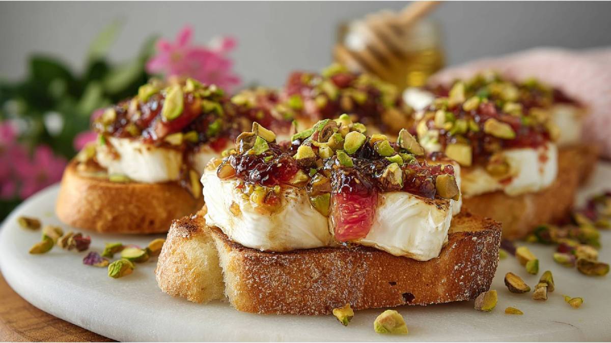 Rhabarber-Crostini mit Ziegenkäse auf einem Teller