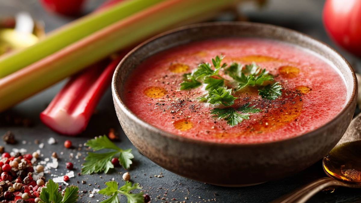 Schale Rhabarber-Gazpacho mit Rhabarber-Stangen daneben.