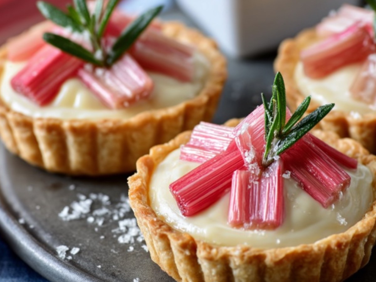 Mehrere Rhabarber-Tartelettes auf einem Teller.