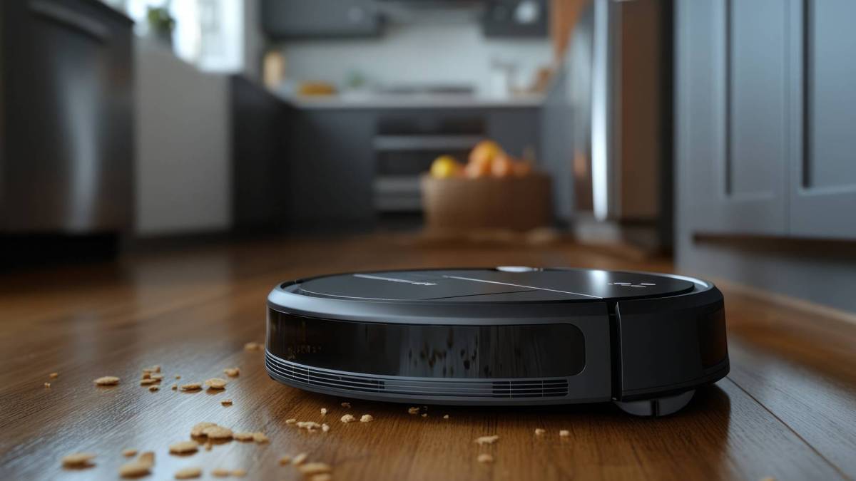 Ein schwarzer Saugroboter mit Wischfunktion in einer Küche, der einige Krümel vom Boden aufsaugt. Im Hintergrund kann man verschwommen die Küche erkennen.