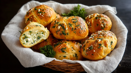 Schafskäsebrötchen in einem Holzkorb, der mit einem Tuch ausgeschlagen ist.