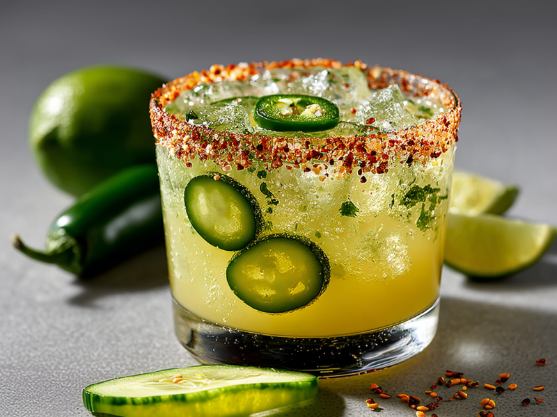 Eine scharfe Gewürzgurken-Margarita auf einem grauen Untergrund. Vor dem Glas liegt eine Gurkenscheibe. Dahinter liegen Limetten und eine Jalapeño.