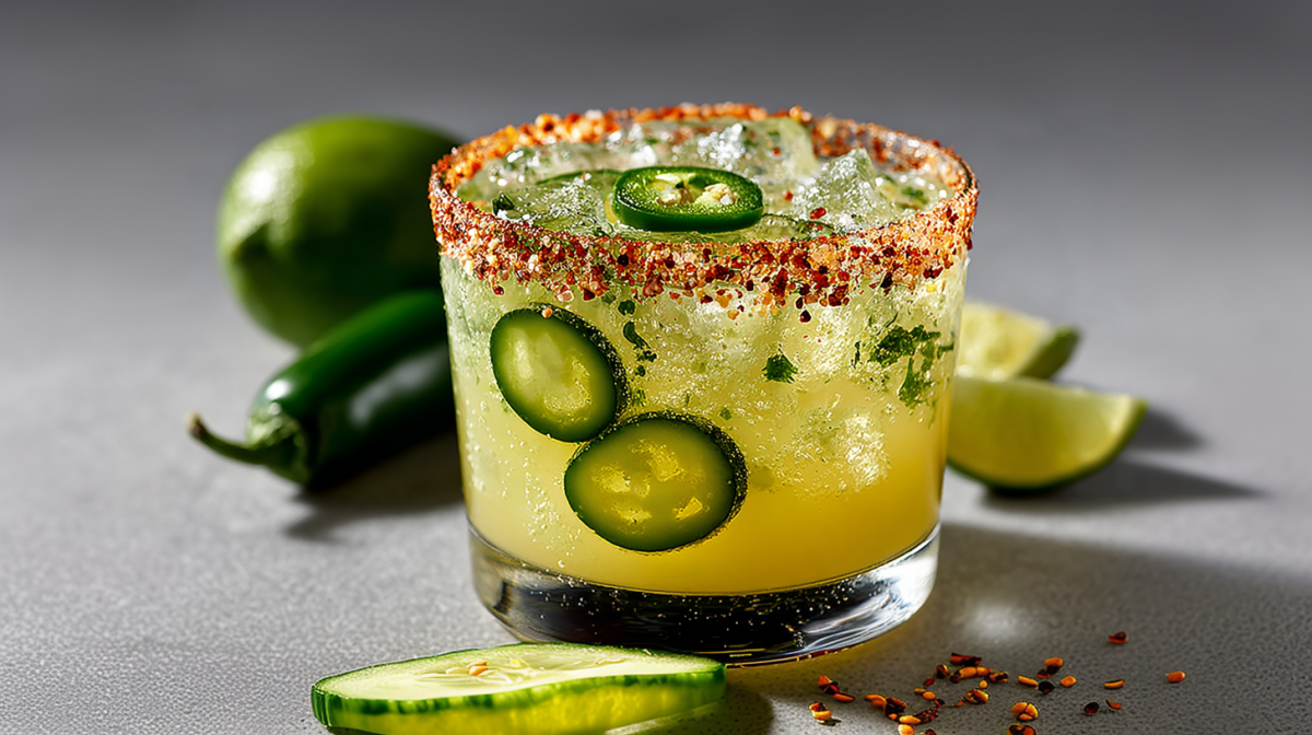 Eine scharfe Gewürzgurken-Margarita auf einem grauen Untergrund. Vor dem Glas liegt eine Gurkenscheibe. Dahinter liegen Limetten und eine Jalapeño.