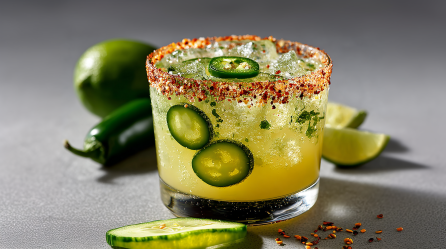 Eine scharfe Gewürzgurken-Margarita auf einem grauen Untergrund. Vor dem Glas liegt eine Gurkenscheibe. Dahinter liegen Limetten und eine Jalapeño.