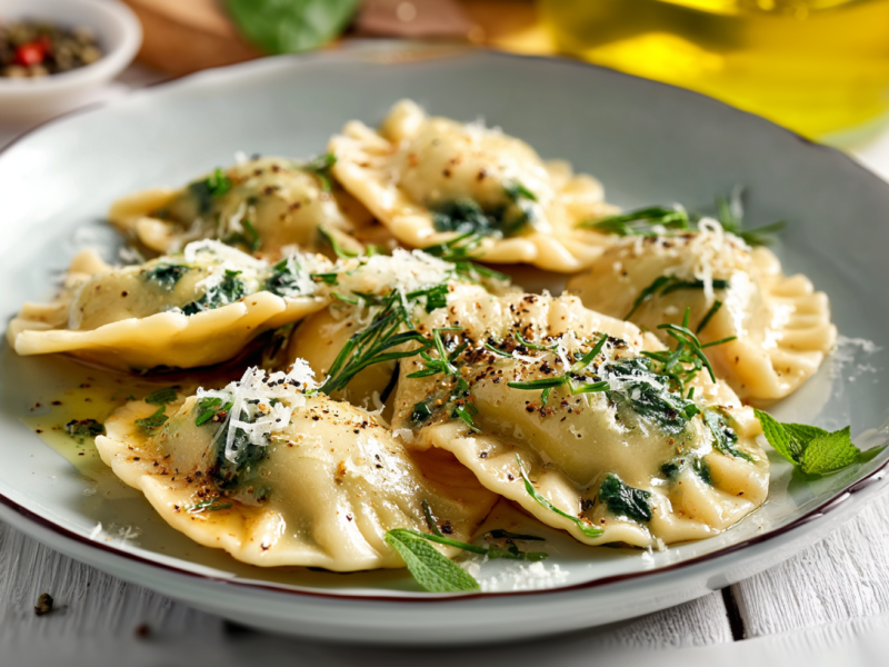 Schlutzkrapfen auf einem tiefen Teller. Sie sind mit frischen Kräutern und Käse bestreut.