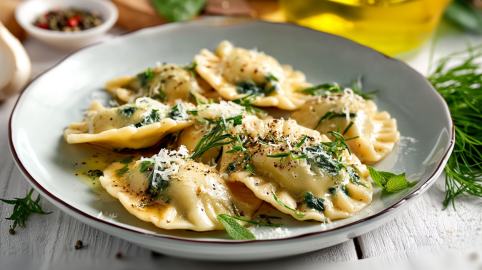 Schlutzkrapfen auf einem tiefen Teller. Sie sind mit frischen Kräutern und Käse bestreut.