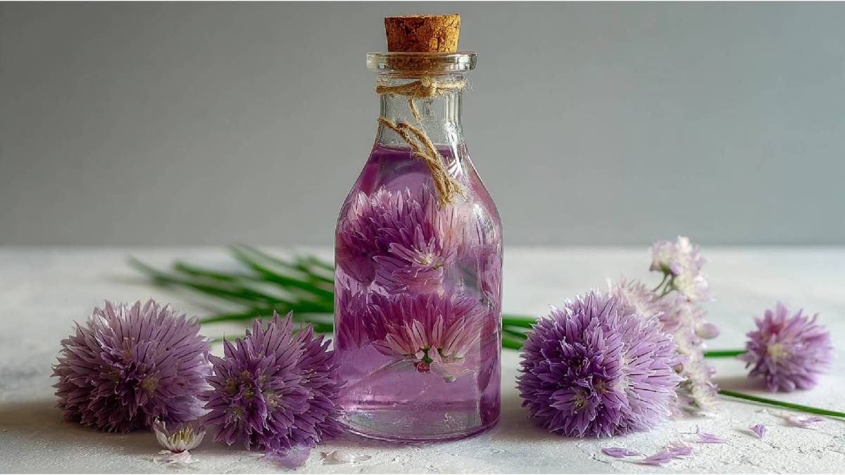 Flasche mit Schnittlauchblütenessig und Schnittlauchblüten daneben