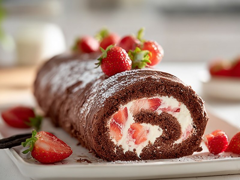 Eine Schoko-Erdbeer-Biskuitrolle, die mit Puderzucker bestäubt und mit frischen Erdbeeren garniert ist. Sie liegt auf einer weißen Servierplatte. Im Hintergrund kann man verschwommen eine Küche erahnen.