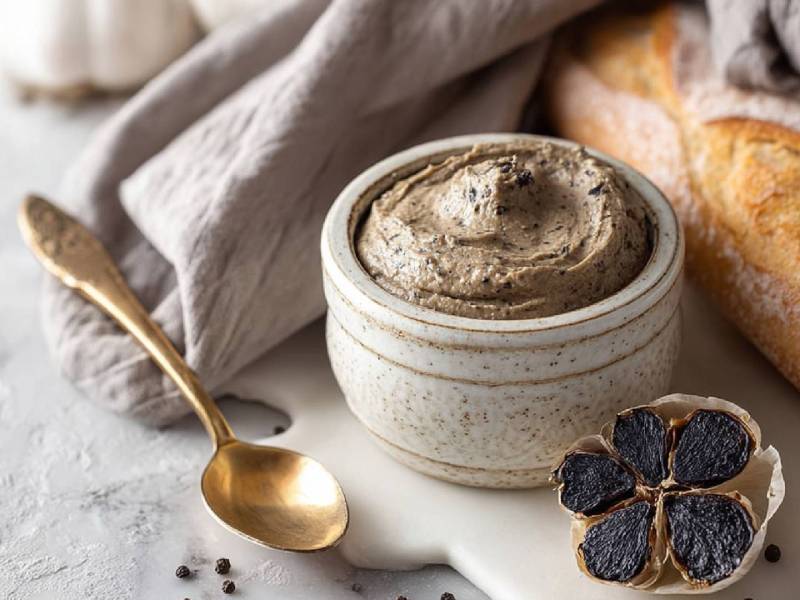 Schale mit schwarzem Knoblauch, eine aufgeschnittene Knolle und Baguette daneben