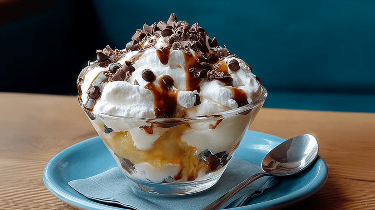 Ein Eisbecher mit Eis, Sahne und Apfelmus steht auf einem Teller. Daneben liegt ein Löffel.