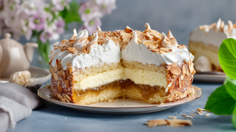 Eine angeschnittene Schwimmbadtorte auf einem Teller. Im Hintergrund sieht man Blumen und eine Teekanne.