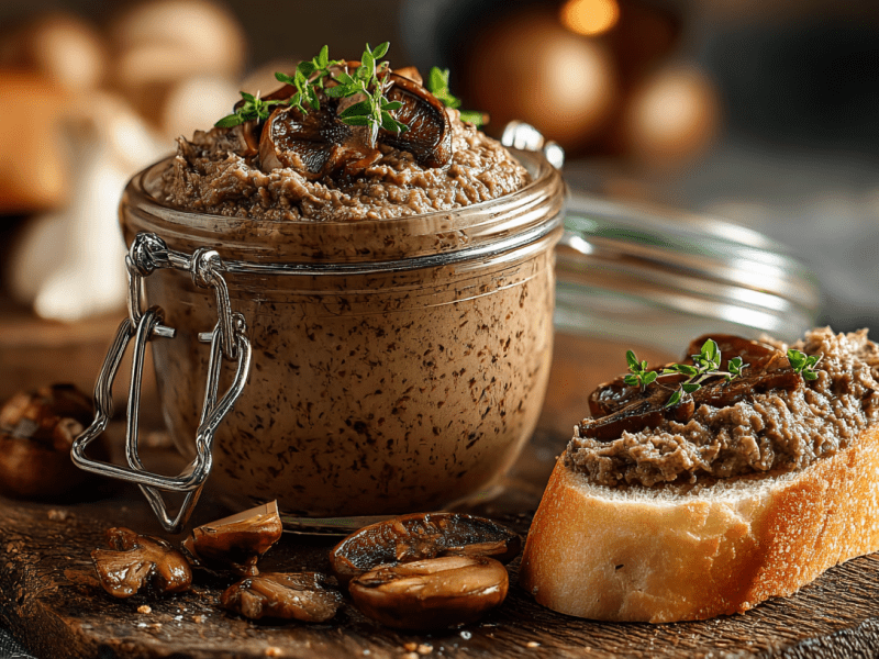 Ein Glas Shiitake-Aufstrich, daneben eine Scheibe Baguette, bestrichen mit dem Aufstrich.