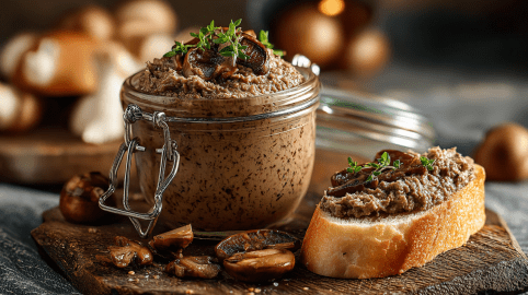 Ein Glas Shiitake-Aufstrich, daneben eine Scheibe Baguette, bestrichen mit dem Aufstrich.