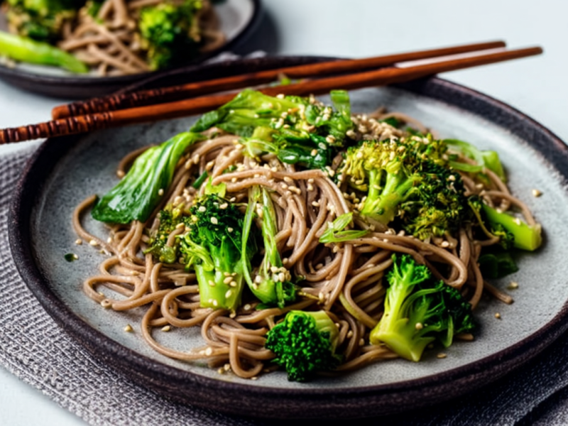Ein Teller mit Soba-Nudeln mit Brokkoli und Pak Choi. Daneben liegen Esststäbchen.