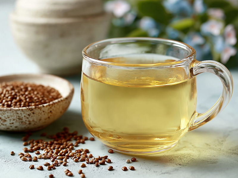 Eine Tasse Sobacha: gerösteter Buchweizentee, daneben eine Schale Buchweizen.