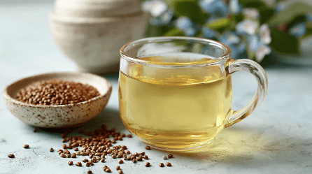 Eine Tasse Sobacha: gerösteter Buchweizentee, daneben eine Schale Buchweizen.