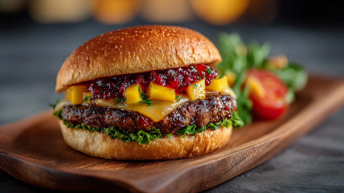 Ein Sommerburger mit Erdbeer-Chutney auf einem Holzbrett. Im Hintergrund liegt etwas Salat und eine Tomate.