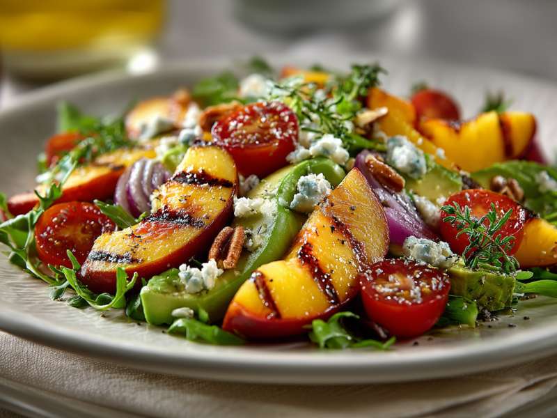 Ein Sommersalat mit gegrillten Pfirsichen auf einem Keramikteller. Der Teller steht auf einem Küchentuch. Im Hintergrund sieht man einen weiteren Pfirsich und eine Flasche Öl.
