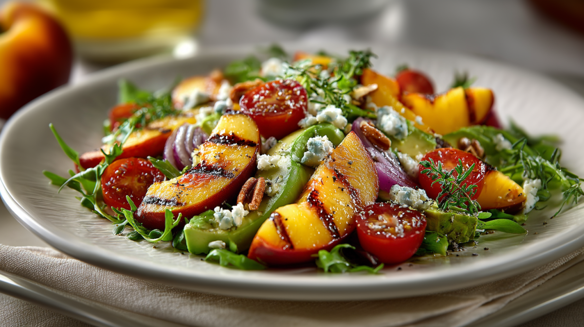 Ein Sommersalat mit gegrillten Pfirsichen auf einem Keramikteller. Der Teller steht auf einem Küchentuch. Im Hintergrund sieht man einen weiteren Pfirsich und eine Flasche Öl.