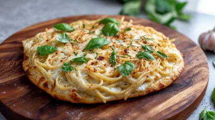 Ein rundes Holzbrett, auf dem eine Spaghetti-Pizza liegt, die mit frischem Basilikum garniert ist. Im Hintergrund kann man etwas frisches Basilikum sowie eine Knoblauchknolle erkennen.