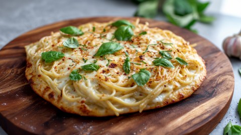 Ein rundes Holzbrett, auf dem eine Spaghetti-Pizza liegt, die mit frischem Basilikum garniert ist. Im Hintergrund kann man etwas frisches Basilikum sowie eine Knoblauchknolle erkennen.