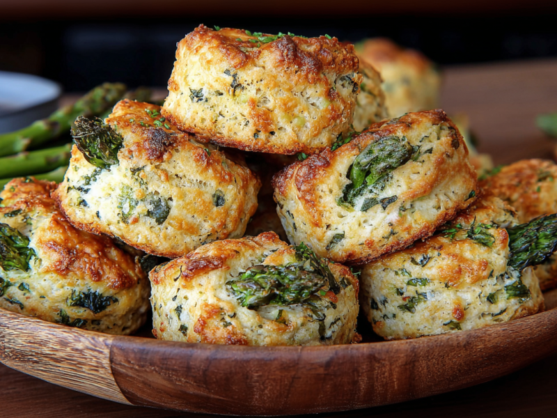 Ein Stapel Spargel-Scones mit Blauschimmelkäse in einer Holzschale.