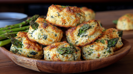Ein Stapel Spargel-Scones mit Blauschimmelkäse in einer Holzschale.