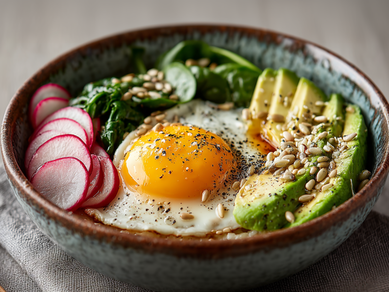 Eine Schüssel mit Spiegelei-Haferflocken steht auf einem grauen Küchentuch. links daneben liegt ein Holzlöffel.
