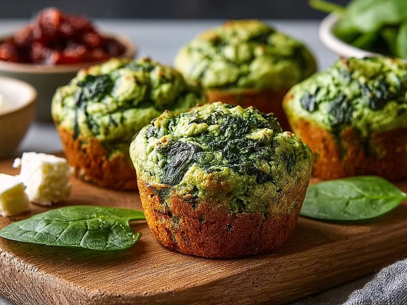 Ein Holzbrett auf dem mehrere Spinat-Thunfisch-Muffins platziert sind. Außerdem liegen Spinatblätter und Fetawürfel herum. Im Hintergrund kann man Teller bzw. Schalen mit Feta, getrockneten Tomaten und Spinat erkennen.