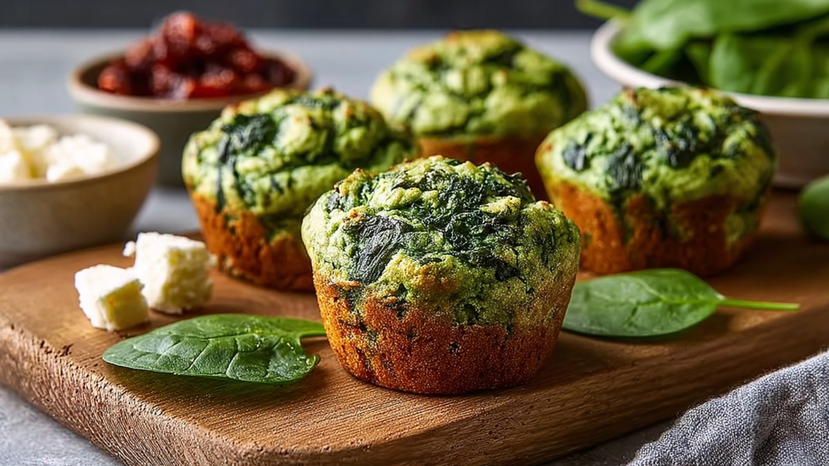 Ein Holzbrett auf dem mehrere Spinat-Thunfisch-Muffins platziert sind. Außerdem liegen Spinatblätter und Fetawürfel herum. Im Hintergrund kann man Teller bzw. Schalen mit Feta, getrockneten Tomaten und Spinat erkennen.