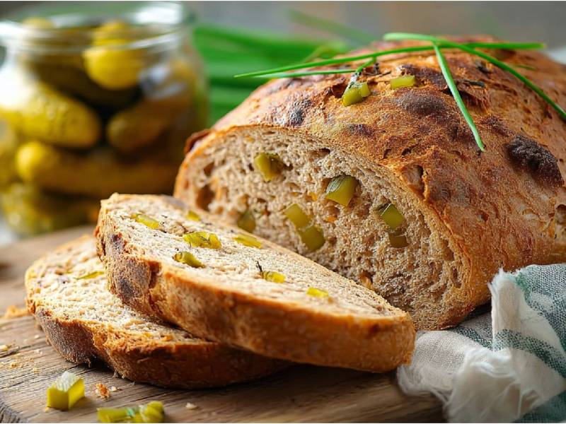 angeschnittenes Spreewälder Gurkenbrot auf einem Holzbrett