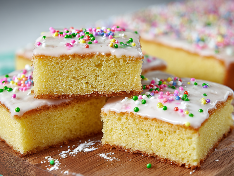 Mehrere Stücke Sprite-Kuchen auf einem Holzbrett, im Hintergrund der Rest des Kuchens.