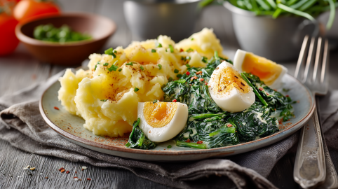 Stampfkartoffeln mit Rahmspinat auf einem grauen Teller. Auf dem Spinat liegen einige hartgekochte, geschnittene Eier. Im Hintergrund sieht man Tomaten sowie Schüsseln mit mehr Spinat.