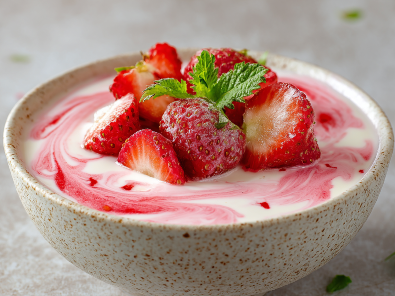 Eine Schale Stippmilch mit Erdbeeren auf grauem Untergrund.