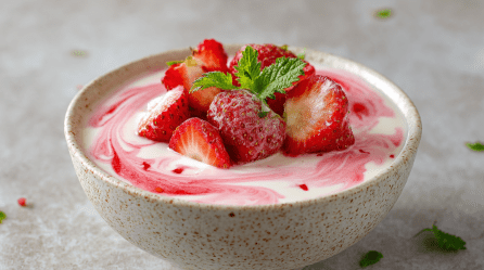 Eine Schale Stippmilch mit Erdbeeren auf grauem Untergrund.