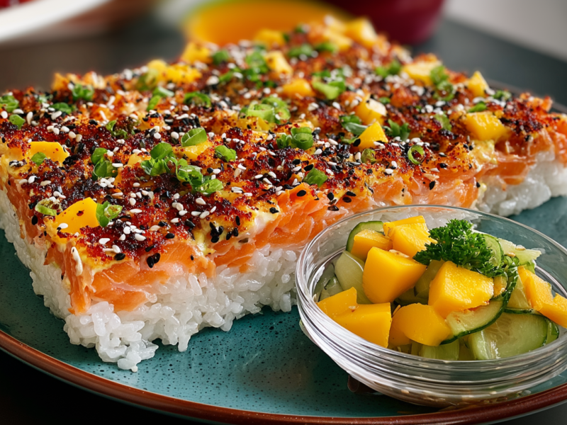 Ein Teller mit Sushi-Auflauf mit Lachs und Mango. Davor steht ein Schälchen mit Gurken-Mango-Salat.