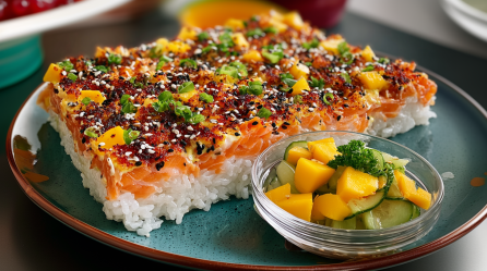 Ein Teller mit Sushi-Auflauf mit Lachs und Mango. Davor steht ein Schälchen mit Gurken-Mango-Salat.