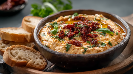 Eine Schale Tomaten-Feta-Dip auf einem Holzteller. Links daneben liegen einige Brotscheiben. Im Hintergrund liegen frische Kräuter.