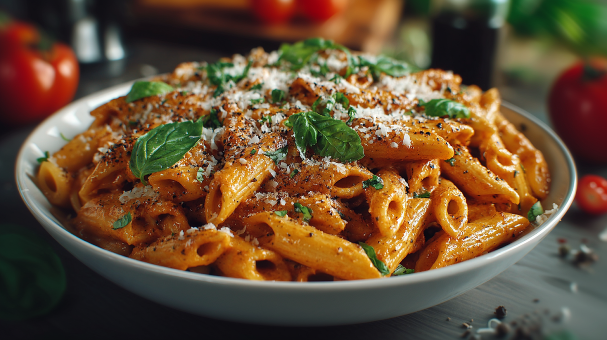 Ein Teller Tomaten-Knoblauch-Pasta auf einem grauen Holztisch. Im Hintergrund sieht man einige Tomaten. Vor dem Teller liegen noch Gewürze.