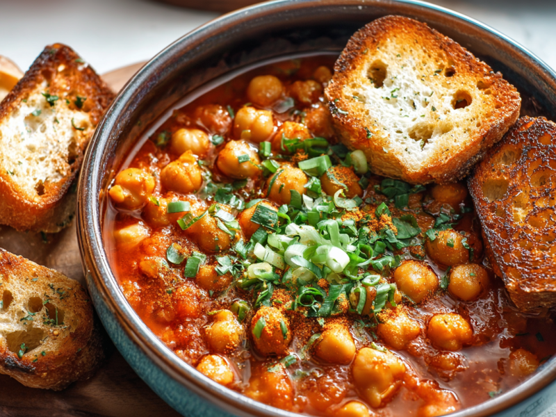 Eine Schale tunesischer Kichererbseneintopf mit Brot.