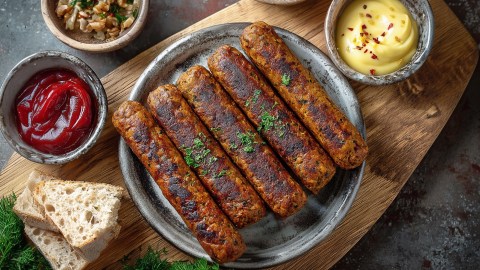 Ein Teller mit einigen veganen Bratwürsten, der auf einem Holzbrett platziert ist. Außerdem sind Schälchen mit Ketchup und Senf, sowie frisches Weißbrot in Scheiben, einige Kräuter und eine Schale mit Walnusskernen zu sehen.