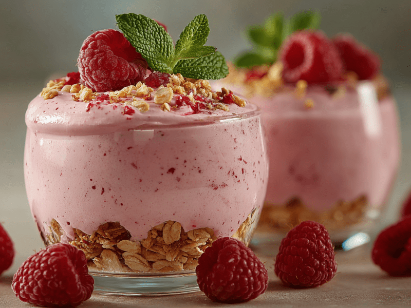 Zwei Gläser mit veganer Himbeer-Mousse, gebettet auf Müsli. Dekoriert mit einer Himbeere, Minze und Müsli.