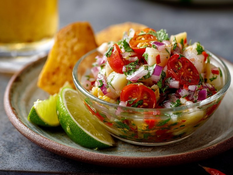 Eine kleine Glasschale mit veganem Ceviche aus Palmherzen. Die Schale steht auf einem kleinen Teller, auf dem noch Limettenstücke und Chips liegen. Im Hintergrund kann man ein Glas Bier erkennen. Außerdem kann man ringsum einige rote Chilischoten erahnen.