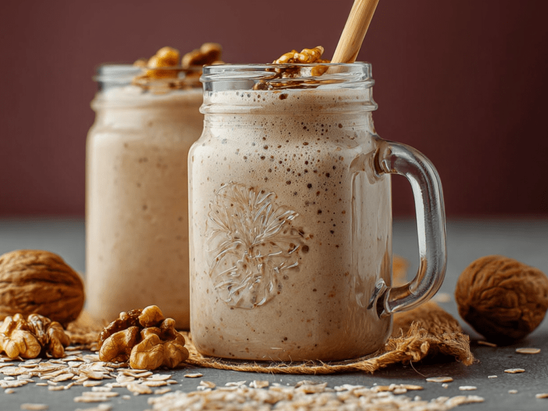 Zwei Gläser mit Walnuss-Hafer-Smoothie stehen nebeneinander. Außen herum liegen Walnüsse als Dekoration.
