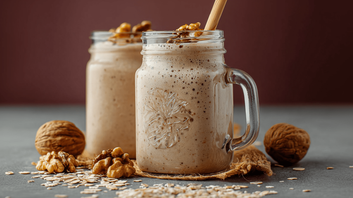 Zwei Gläser mit Walnuss-Hafer-Smoothie stehen nebeneinander. Außen herum liegen Walnüsse als Dekoration.